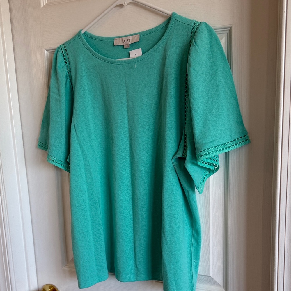 NWT LOFT Teal Puff Sleeve Tee with Crochet Trim - Picture 9 of 9